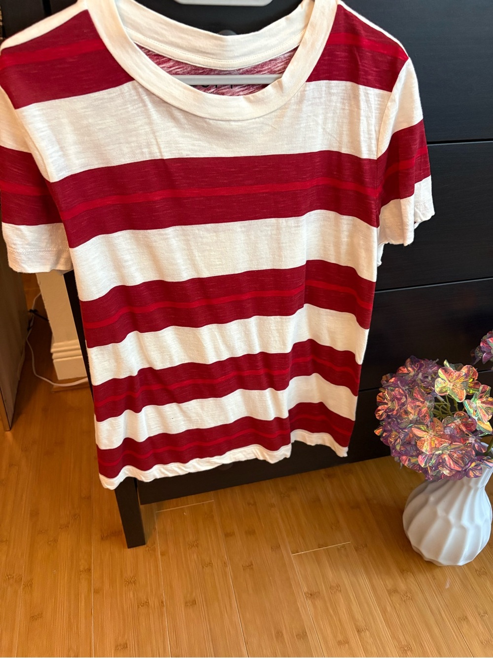 LOFT Red and White Striped Short Sleeve Tee